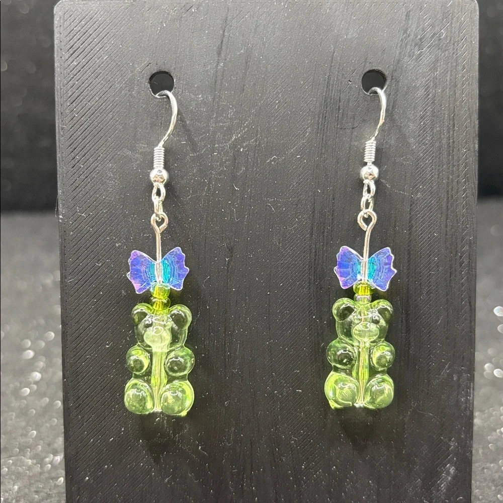Green Gummy Bear Earrings with Crystal Bow